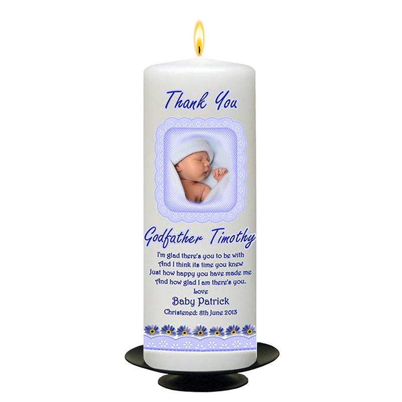 Personalised Godfather Candle Gift - Blue Daisies with Photo