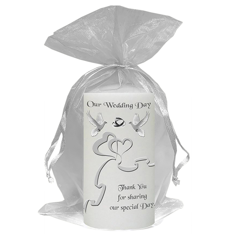 Personalised Wedding Candles - Two Hearts & Dove Silver