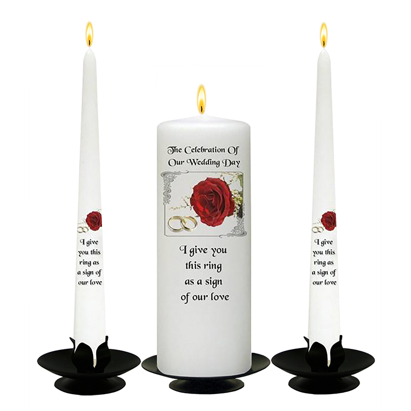 Personalised Wedding Candles - Flower Range Red Roses & Silver Rings