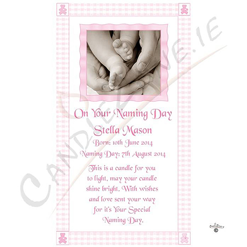 Personalised Naming Day Candle Gift - Gingham Feet Pink