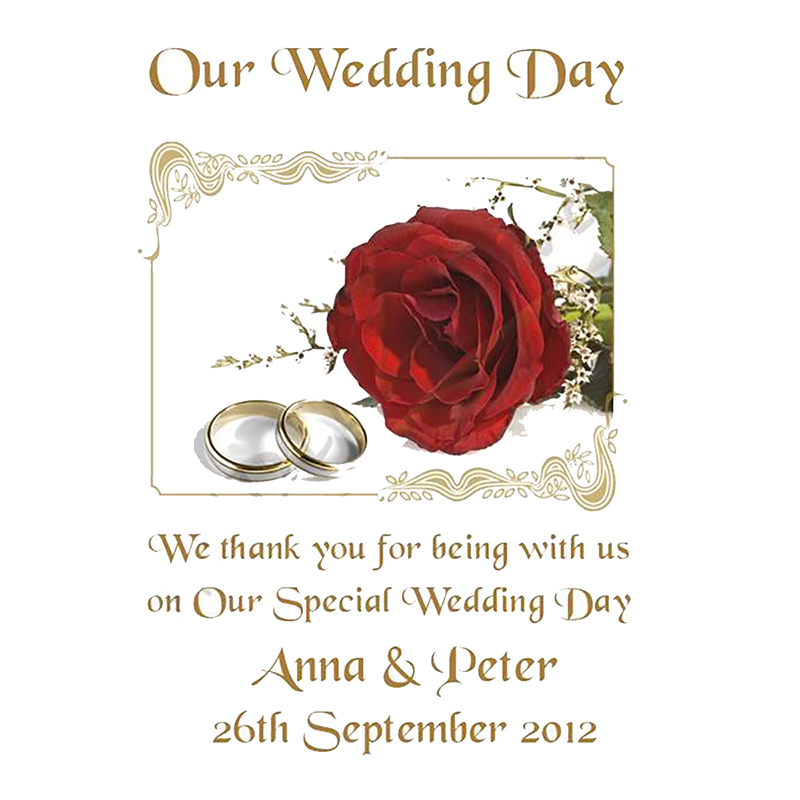 Personalised Thank you Wedding Favour - Red Roses & Gold Rings