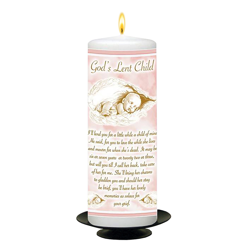 Personalised Remembrance Candle - Gods Lent Child Pink Angel