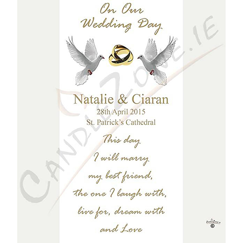 Personalised Wedding Candles - Entwined Gold Rings & Doves