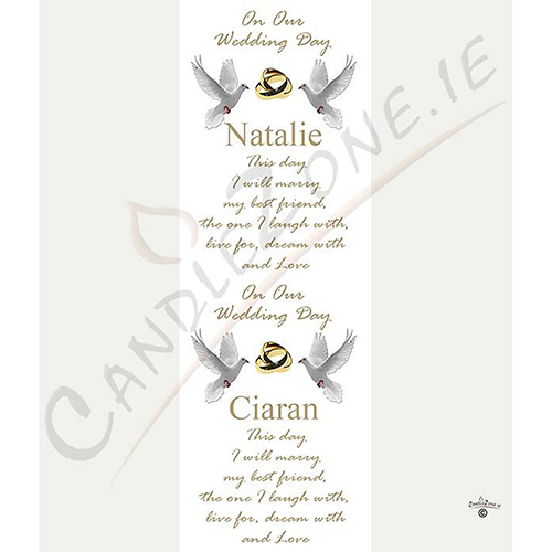 Personalised Wedding Candles - Entwined Gold Rings & Doves