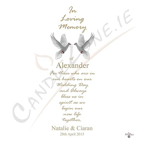 Personalised Wedding Remembrance Candle - Entwined Gold Rings & Doves