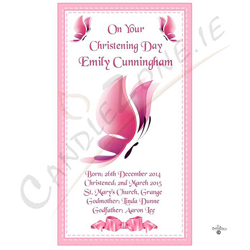 Personalised Girls Christening Candle - Butterfly & Bow Pink