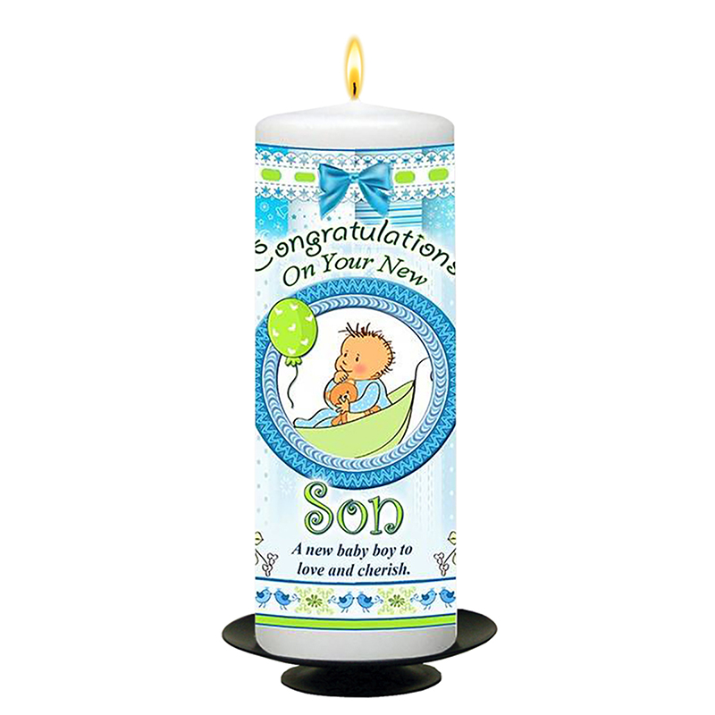 Personalised New Baby Candle Gift - Baby Boy & Teddy