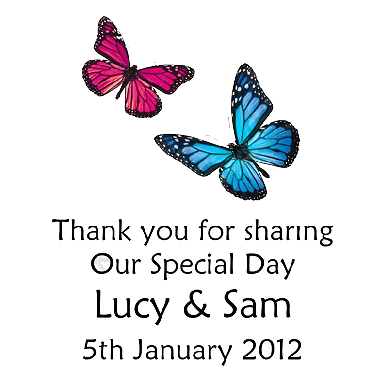 Personalised Thank you Wedding Favour - Pink & Blue Butterflies Black Script