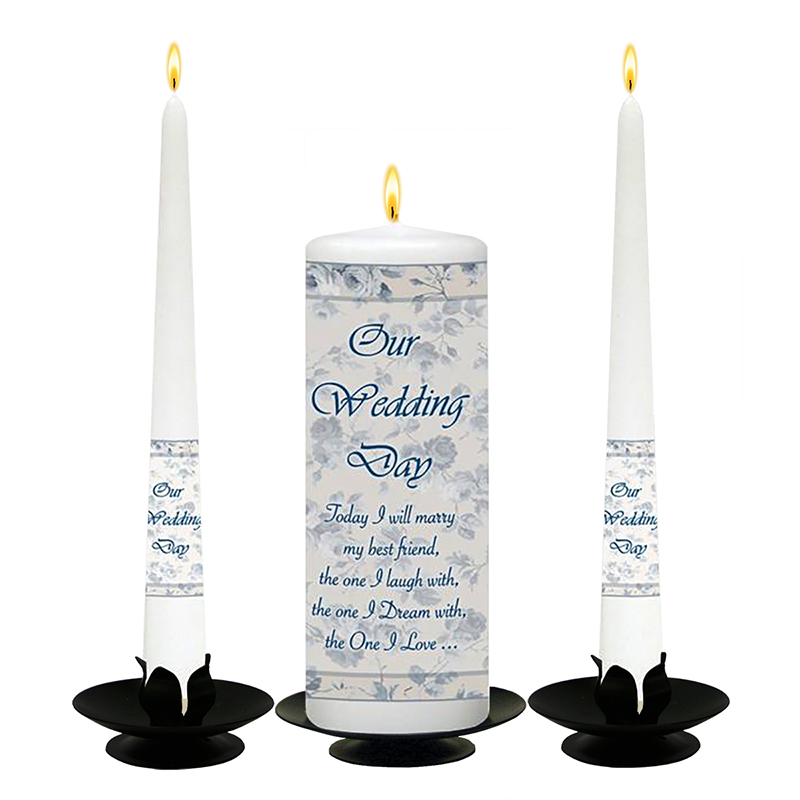 Personalised Wedding Candles - Flower Blue & Cream