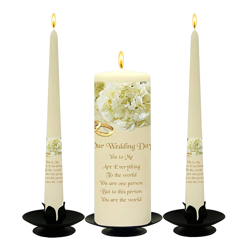 Personalised Wedding Candles - Flower Range White Bouquet & Gold Rings