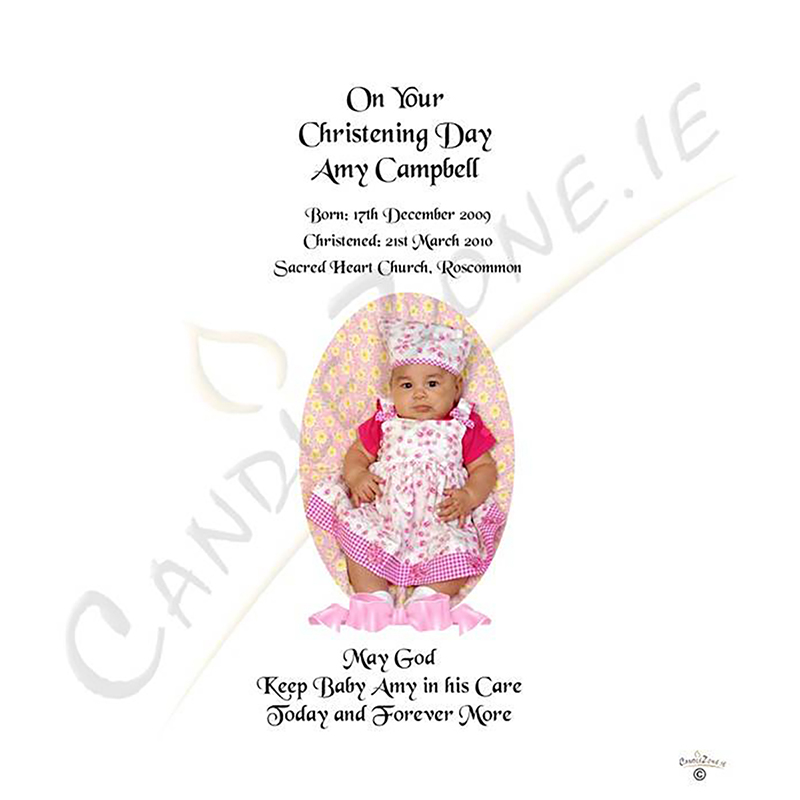 Personalised Girls Christening Candle - Ribbon Pink with Photo