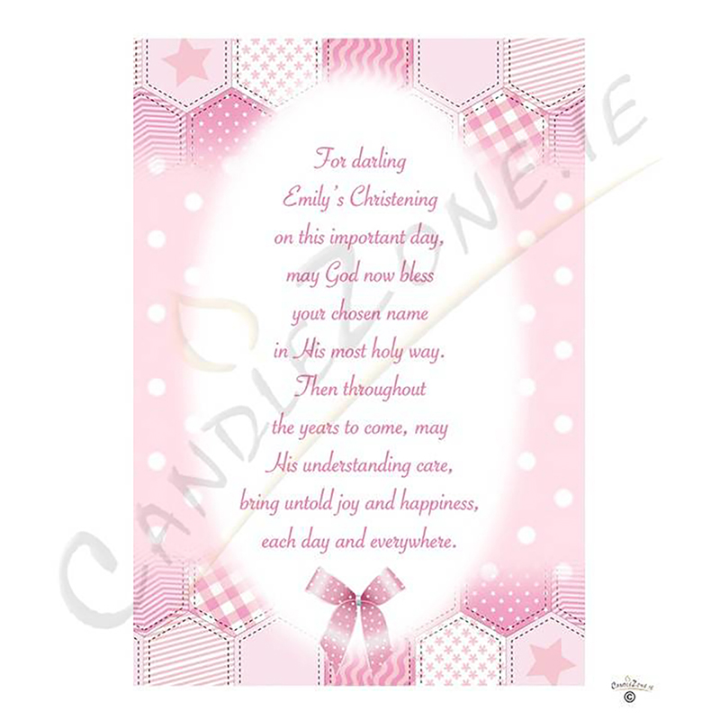 Personalised Girls Christening Candle - Dots & Ribbons Pink Teddy