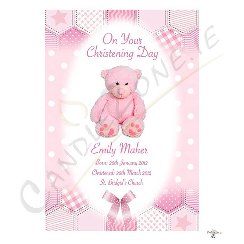 Personalised Girls Christening Candle - Dots & Ribbons Pink Teddy