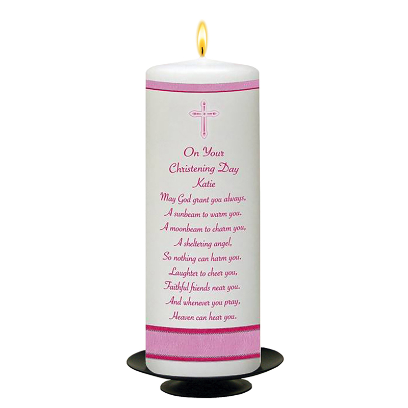 Personalised Girls Christening Candle - Diamante & Cross Pink