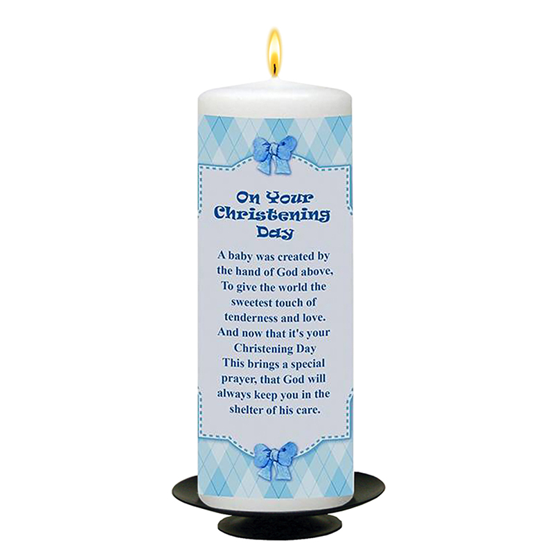Personalised Boys Christening Candle - Teddy & Chair Blue