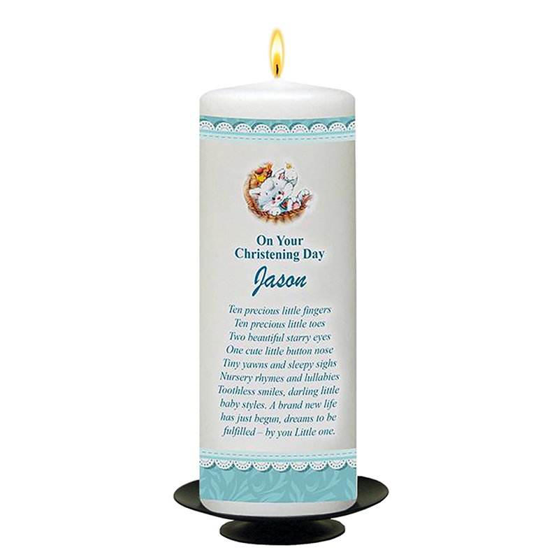 Personalised Boys Christening Candle - Teddy & Pram Lace Blue with Photo