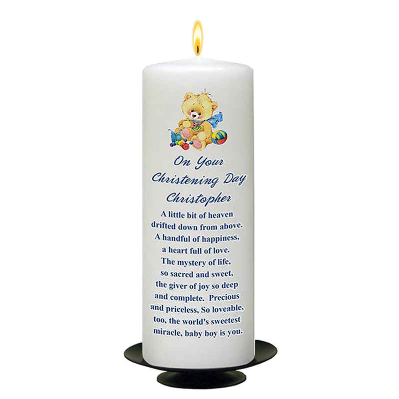 Personalised Boys Christening Candle - Teddy & Toy Border Blue with Photo
