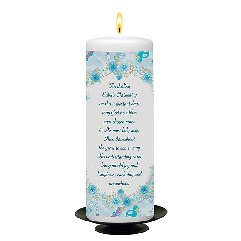 Personalised Boys Christening Candle - Bear & Sleeping on Moon Blue