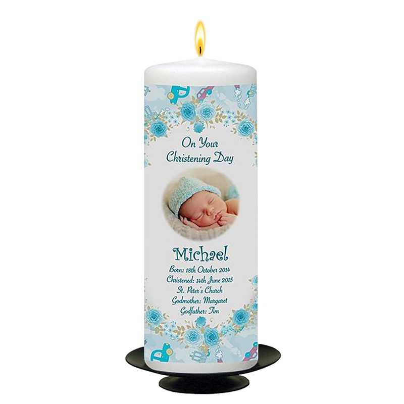 Personalised Boys Christening Candle - Bear & Sleeping on Moon Blue with Photo