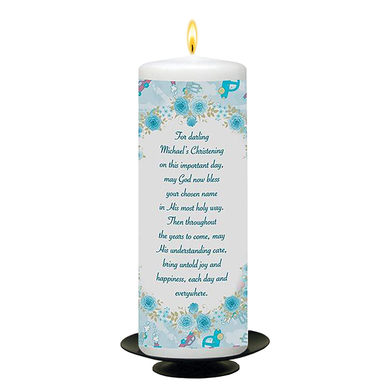 Personalised Boys Christening Candle - Bear & Sleeping on Moon Blue with Photo