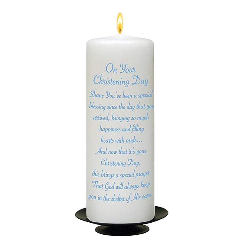 Personalised Boys Christening Candle - Stars & Hearts Blue with Photo