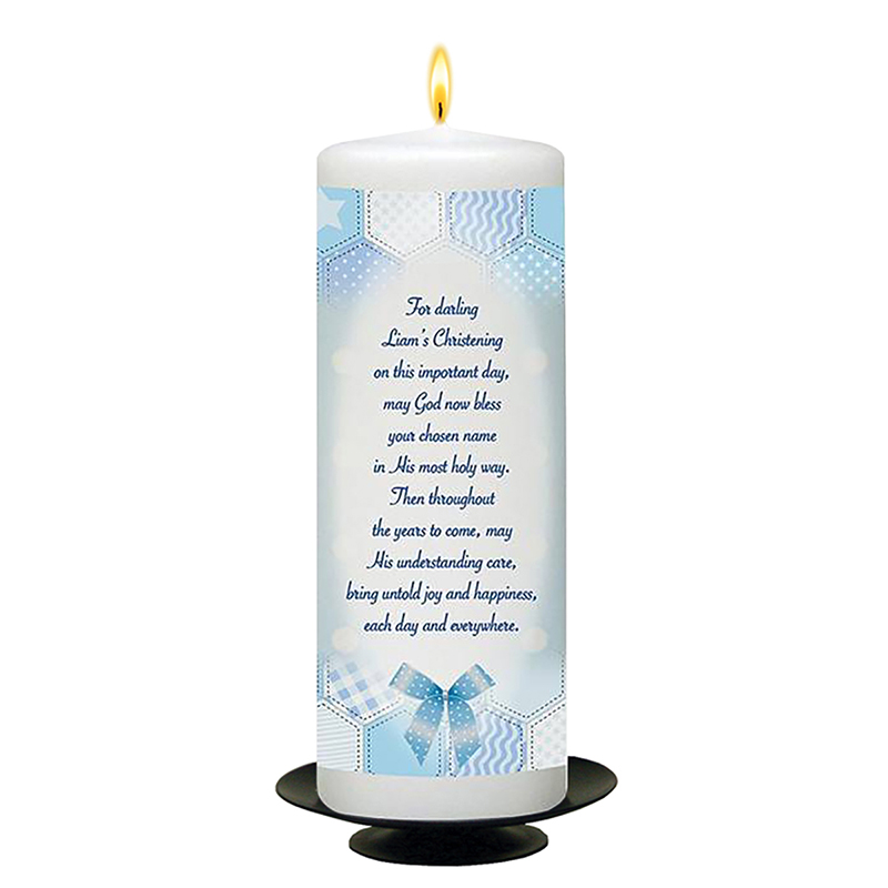 Personalised Boys Christening Candle - Dots & Ribbons Blue with Photo
