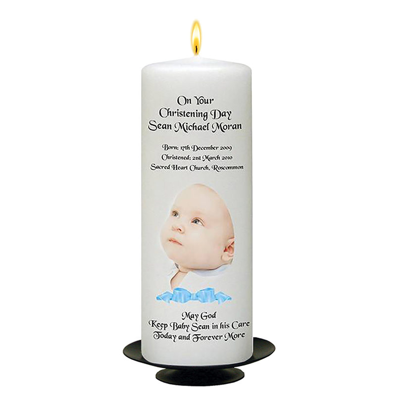 Personalised Boys Christening Candle - Ribbon Blue with Photo