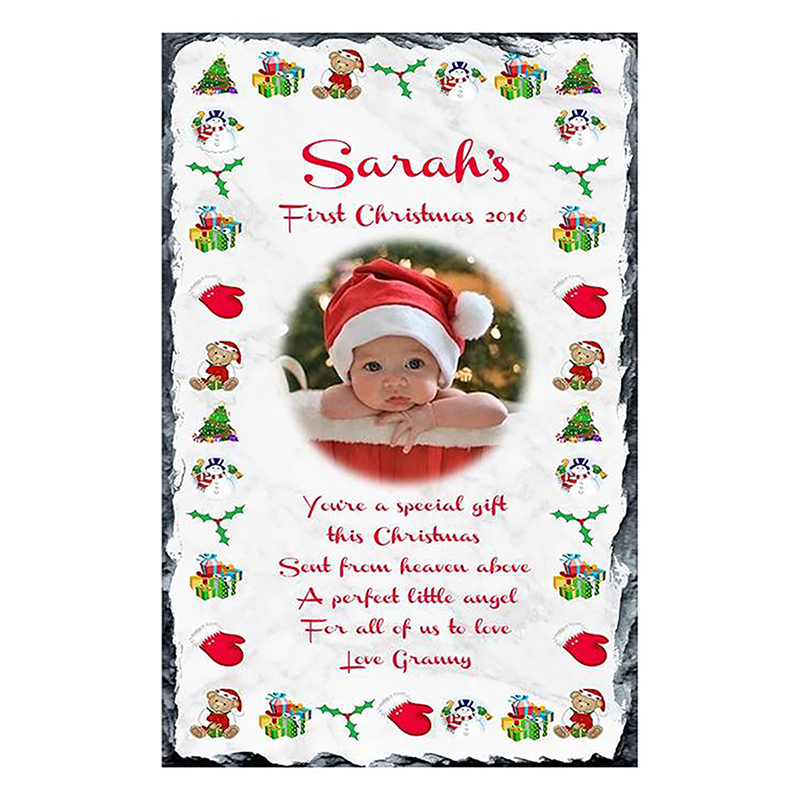 Babys First Christmas Slate - Border with Photo