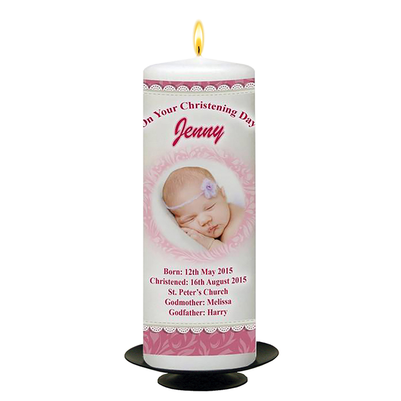 Personalised Girls Christening Candle - Teddy & Pram Photo Pink