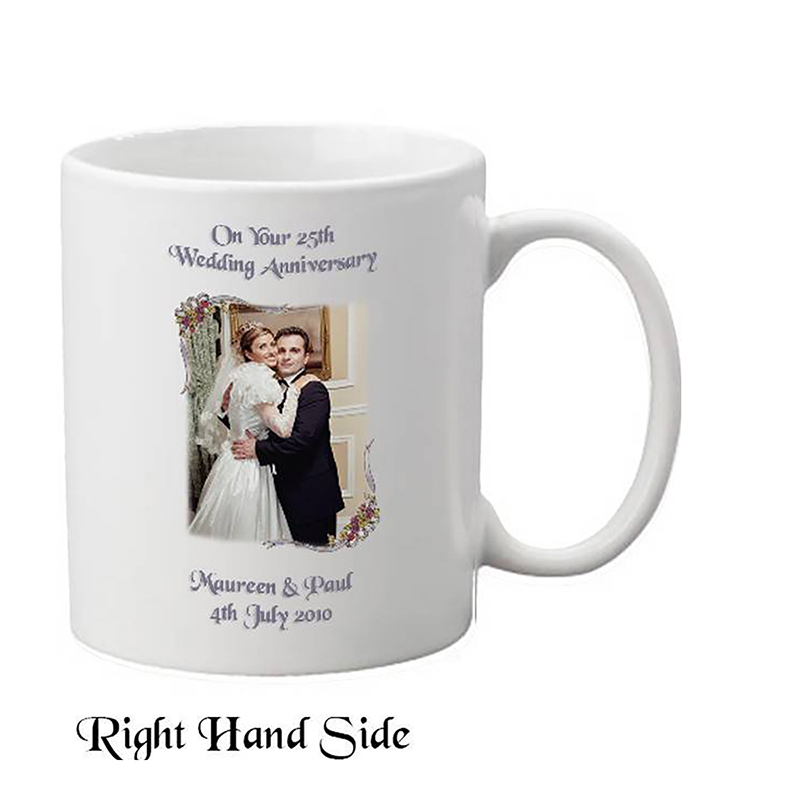 Personalised Wedding Anniversary Mug Gift - Silver (25th) Ribbons with Photo Set of Two Mugs