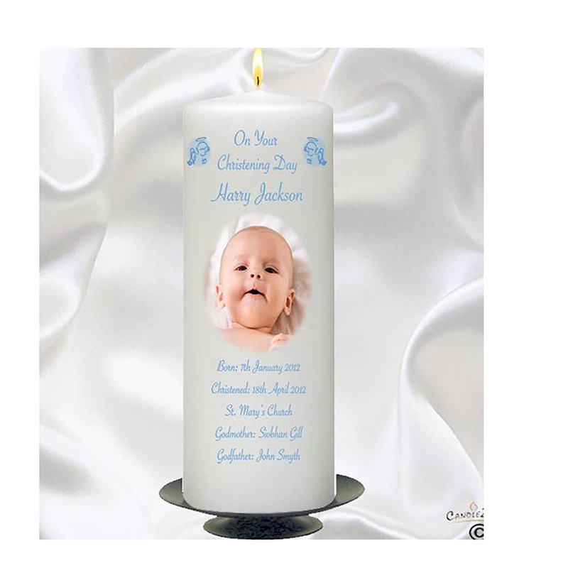 Personalised Boys Christening Candle - Angel Blue with Photo