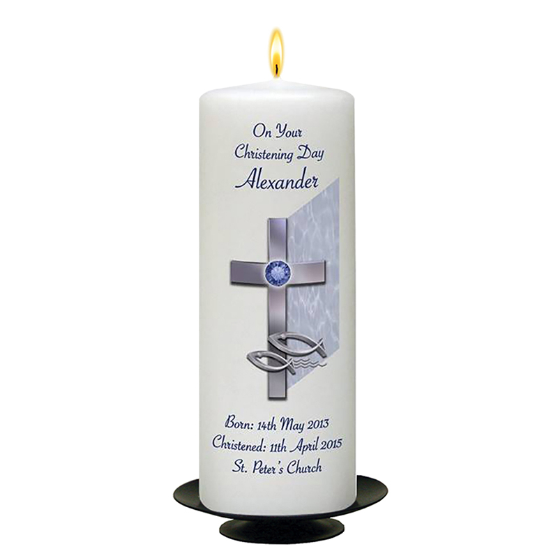Personalised Boys Christening Candle - Cross & Fish Blue