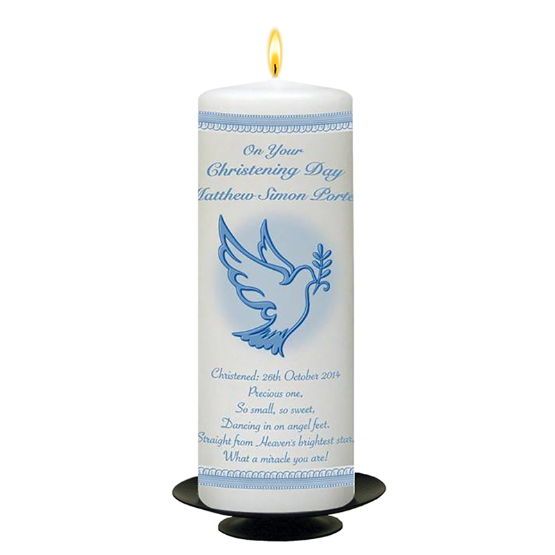 Personalised Boys Christening Candle - Flying Dove & Lace Blue