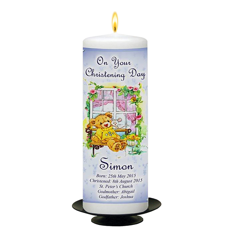 Personalised Boys Christening Candle - Teddy & Bench Blue