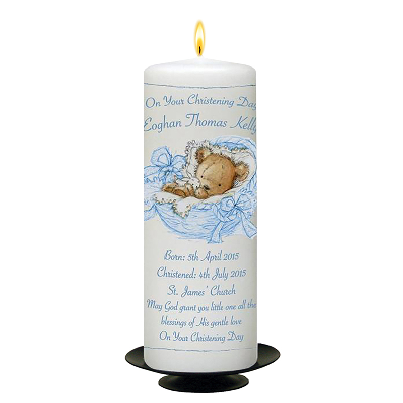 Personalised Boys Christening Candle - Teddy in Basket Blue