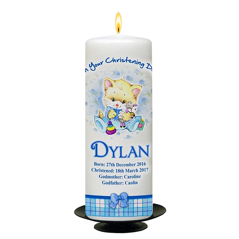 Personalised Boys Christening Candle - Kitten Roses & Bows Blue