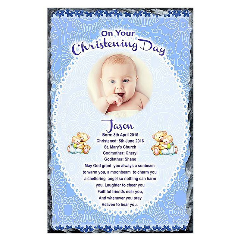 Personalised Boys Christening Candle - Cuddles Blue with Photo