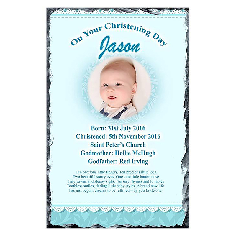 Personalised Boys Christening Candle - Teddy & Pram Lace Blue with Photo