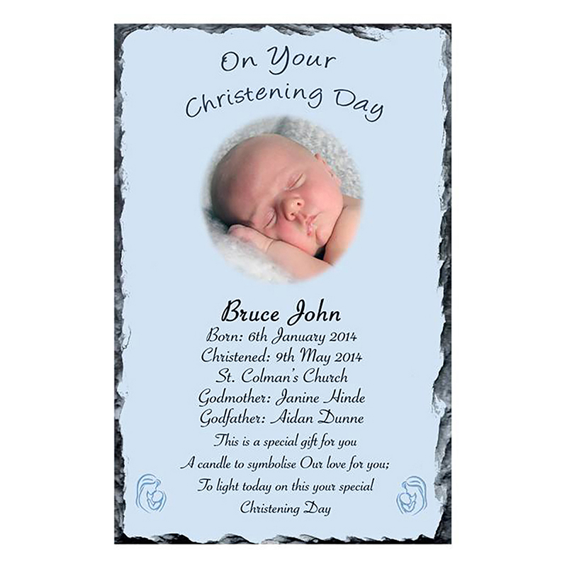 Personalised Boys Christening Candle - Mother & Child Blue with Photo