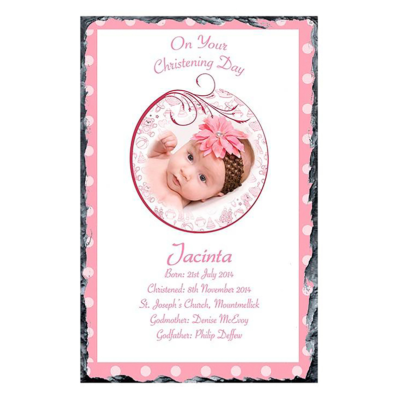 Personalised Girl Christening Slate Gift - Teddy & Pink Bubbles with Photo