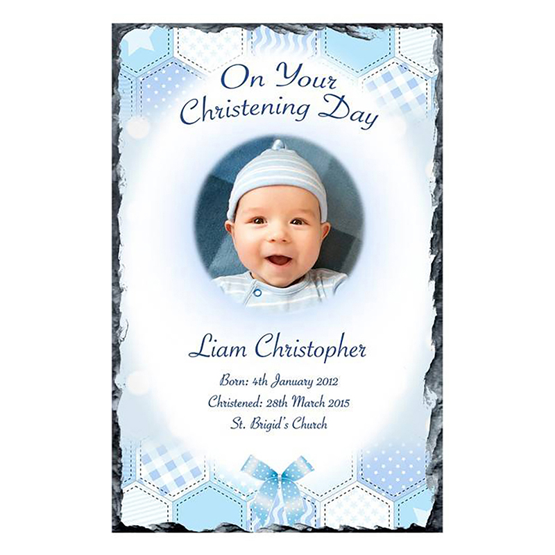 Personalised Boys Christening Candle - Dots & Ribbons Blue with Photo