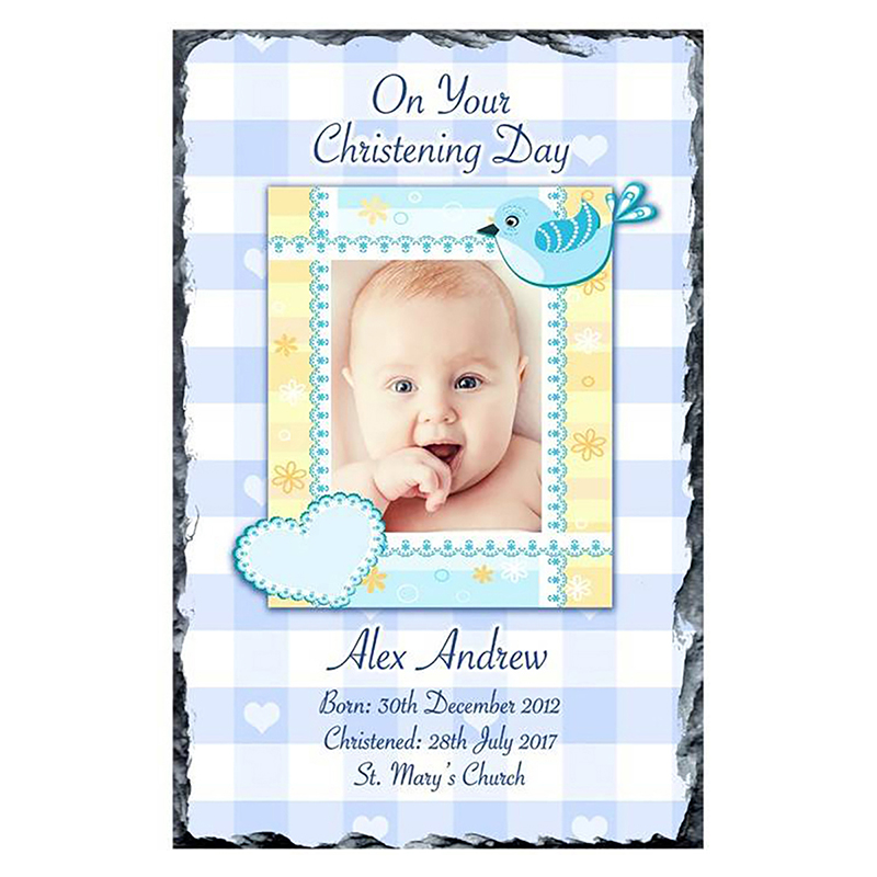 Personalised Boys Christening Candle - Heart & Bird Blue with Photo