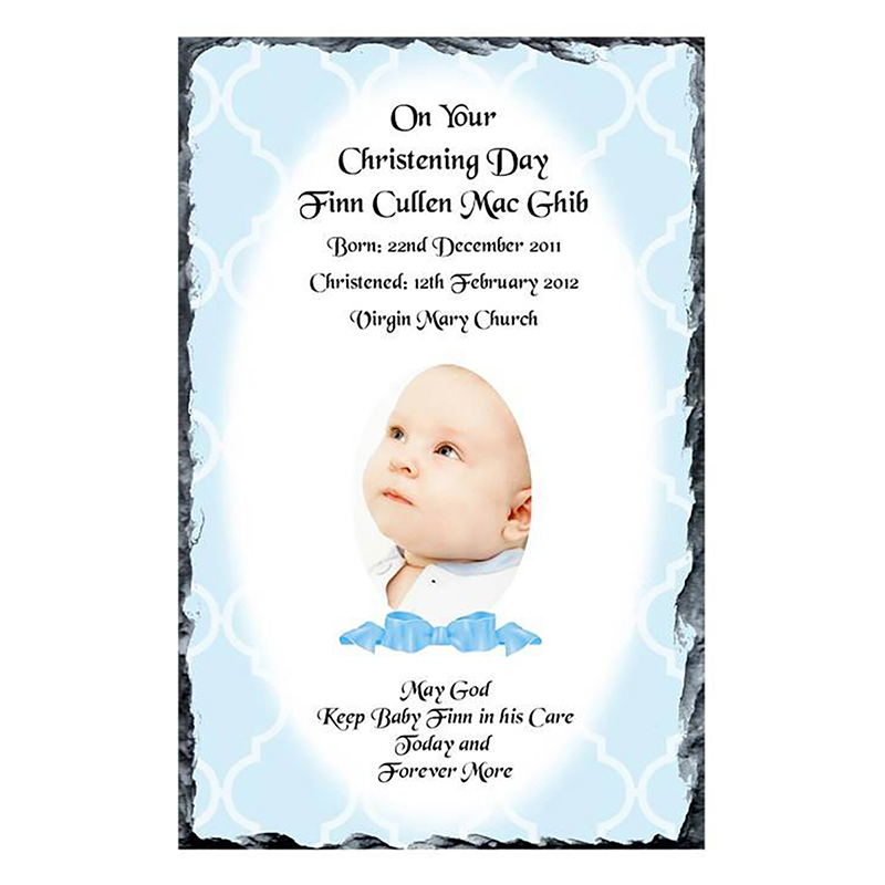 Personalised Boys Christening Candle - Ribbon Blue with Photo