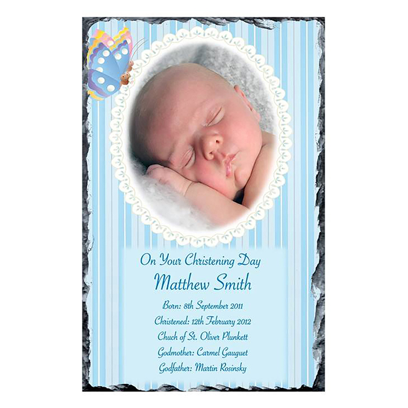 Personalised Boys Christening Candle - Butterfly & Bow Blue with Photo