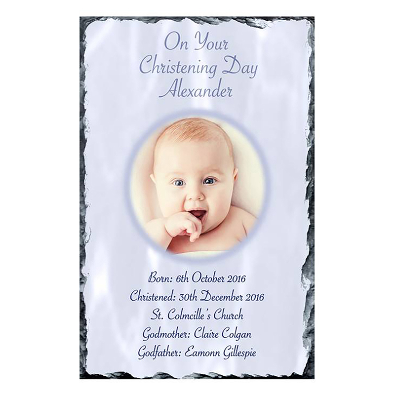 Personalised Boys Christening Candle - Cross & Fish Blue with Photo