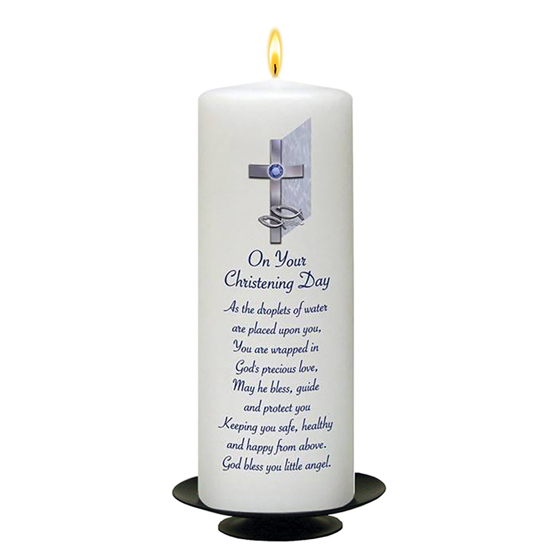 Personalised Boys Christening Candle - Cross & Fish Blue with Photo