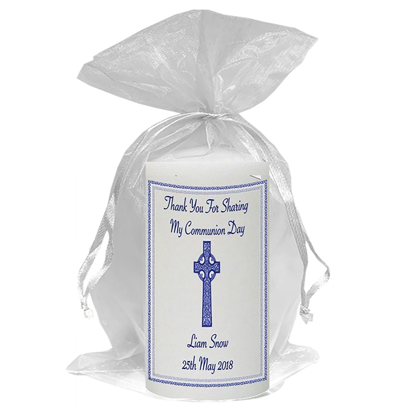 Personalised 1st Holy Communion Candle - Blue Celtic Cross