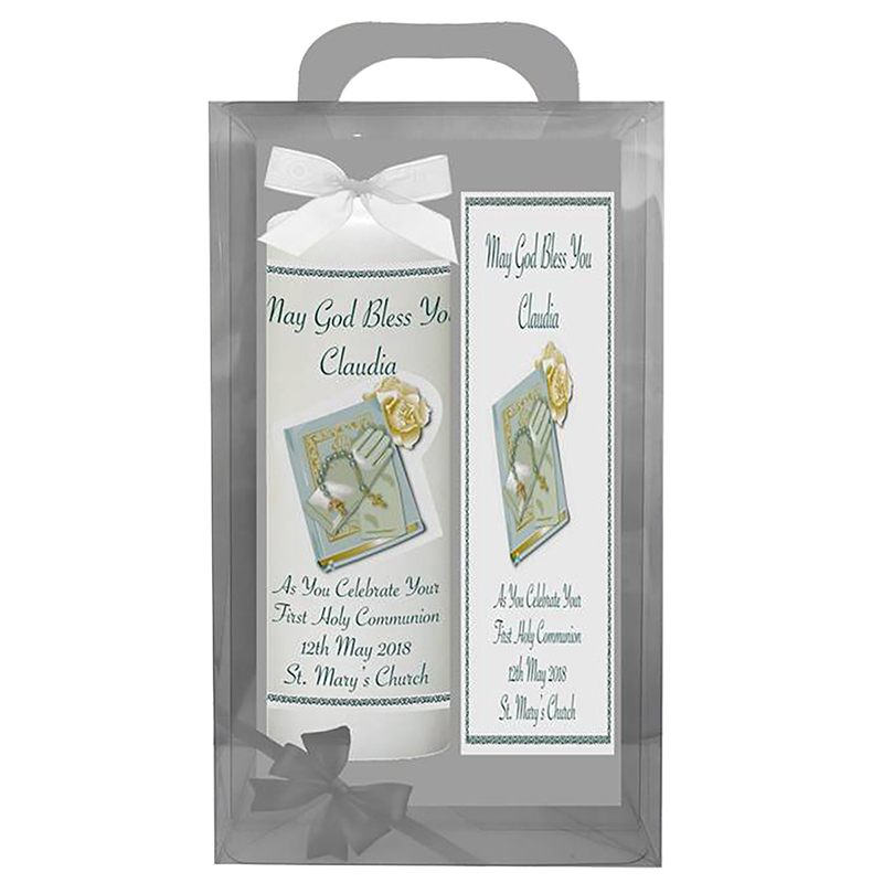 Personalised 1st Holy Communion Candle - Bible & Gloves