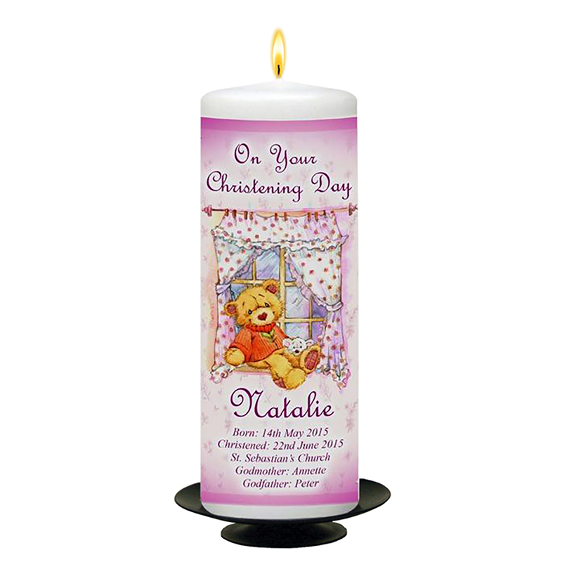 Personalised Girls Christening Candle - Teddy & Bench Pink