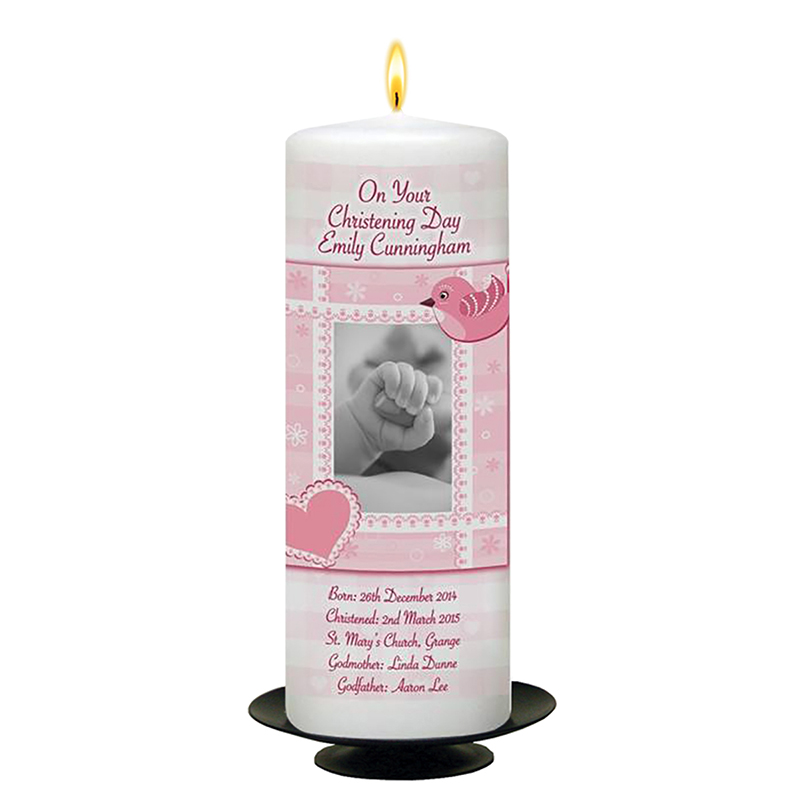Personalised Girls Christening Candle - Heart & Bird Pink
